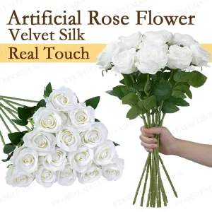 200-12PCS Realistic Artificial White Rose Flowers with Long Stems for Wedding & Home 1