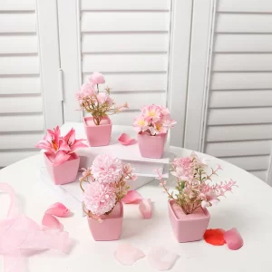 5PCS Mini Pink Potted Flowers for Desktop & Shelf Decor 1