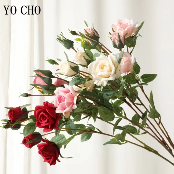 YO CHO 5 Heads Artificial Long Branch Silk Rose for Wedding Valentine's Home Decor 1