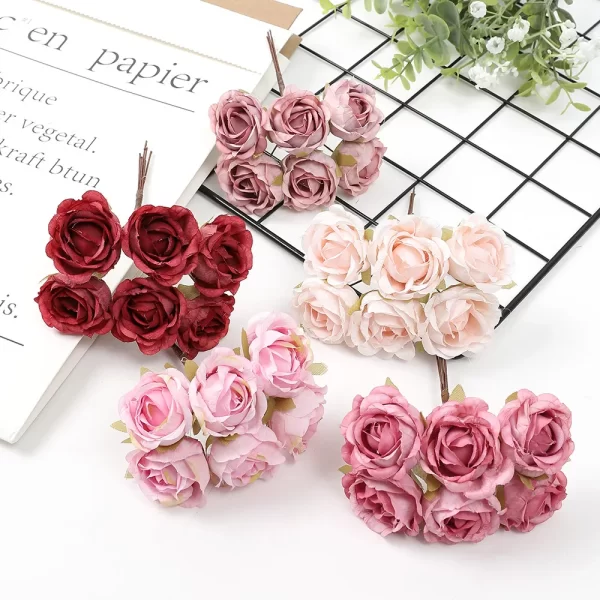 6Pcs 4cm Mini Silk Rose Bouquet for DIY Wreaths & Wedding Decor 1